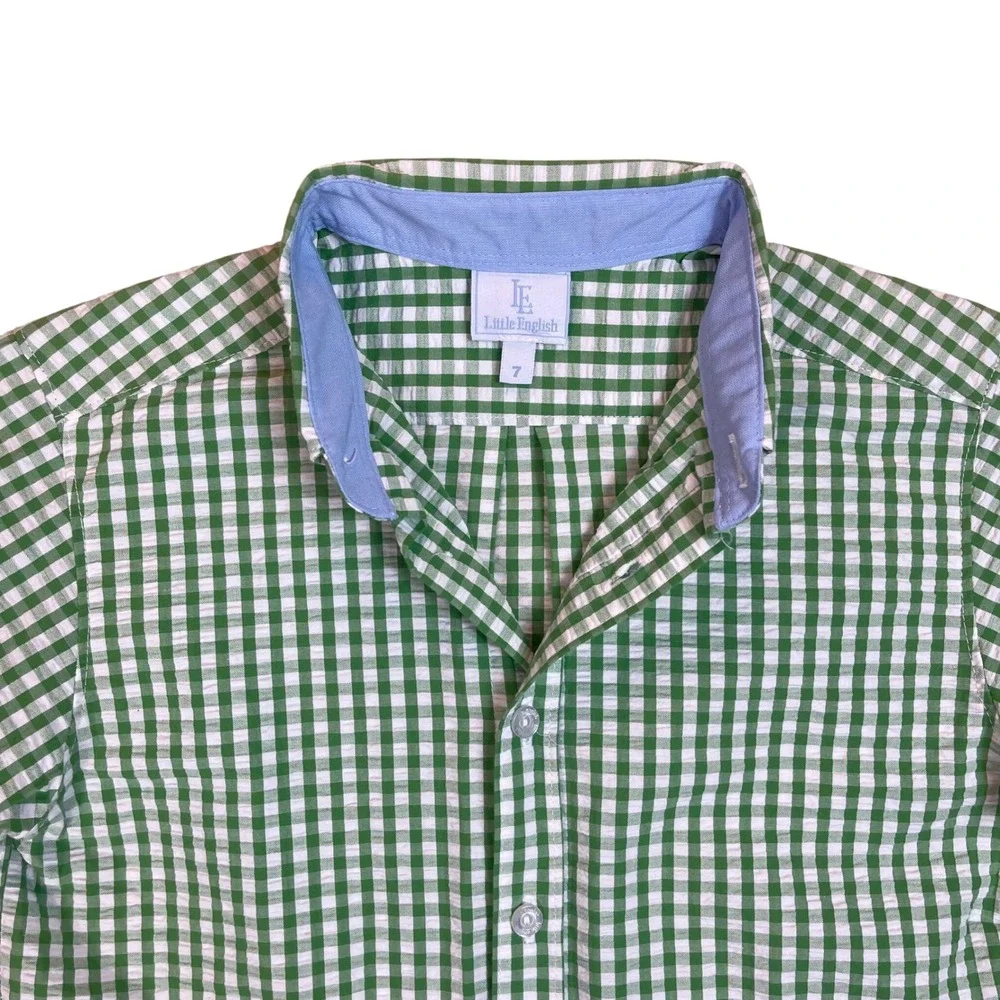 Little English Boys Gingham Button Down Shirt Green White Size 7 100% Cotton - Picture 7 of 14